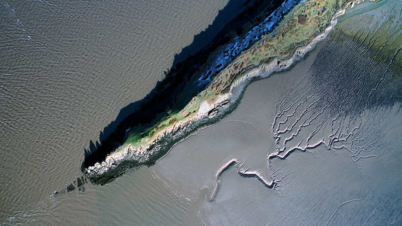 Aerial view of the coastline at Sand Point, Somerset, England