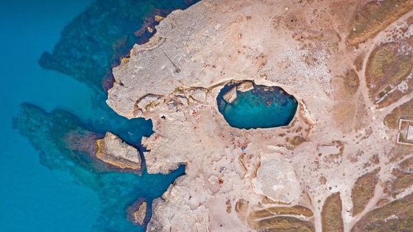Aerial view of the Grotta della Poesia (Poetry\'s Cave) near Roca, Lecce, Italy
