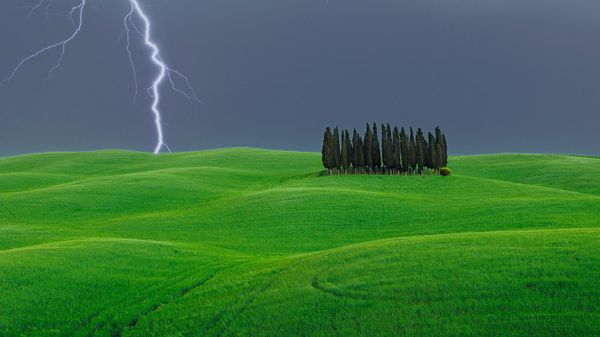 Blitzschlag nahe einem Zypressenhain, Val d’Orcia, Italien