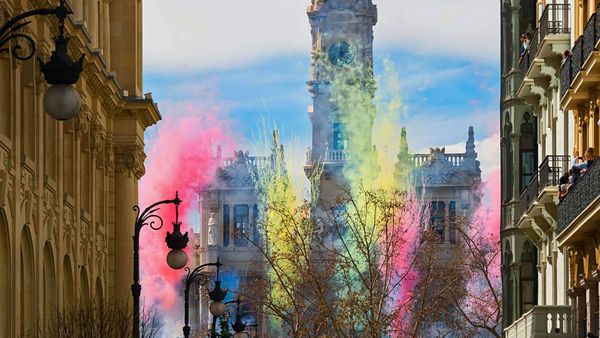 Fireworks at the Plaza del Ayuntamiento for Las Fallas festival in Valencia, Spain