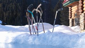 Ice hockey sticks in snow, Banff, Alta. (© Ascent/PKS Media Inc./Getty Images)(Bing Canada)