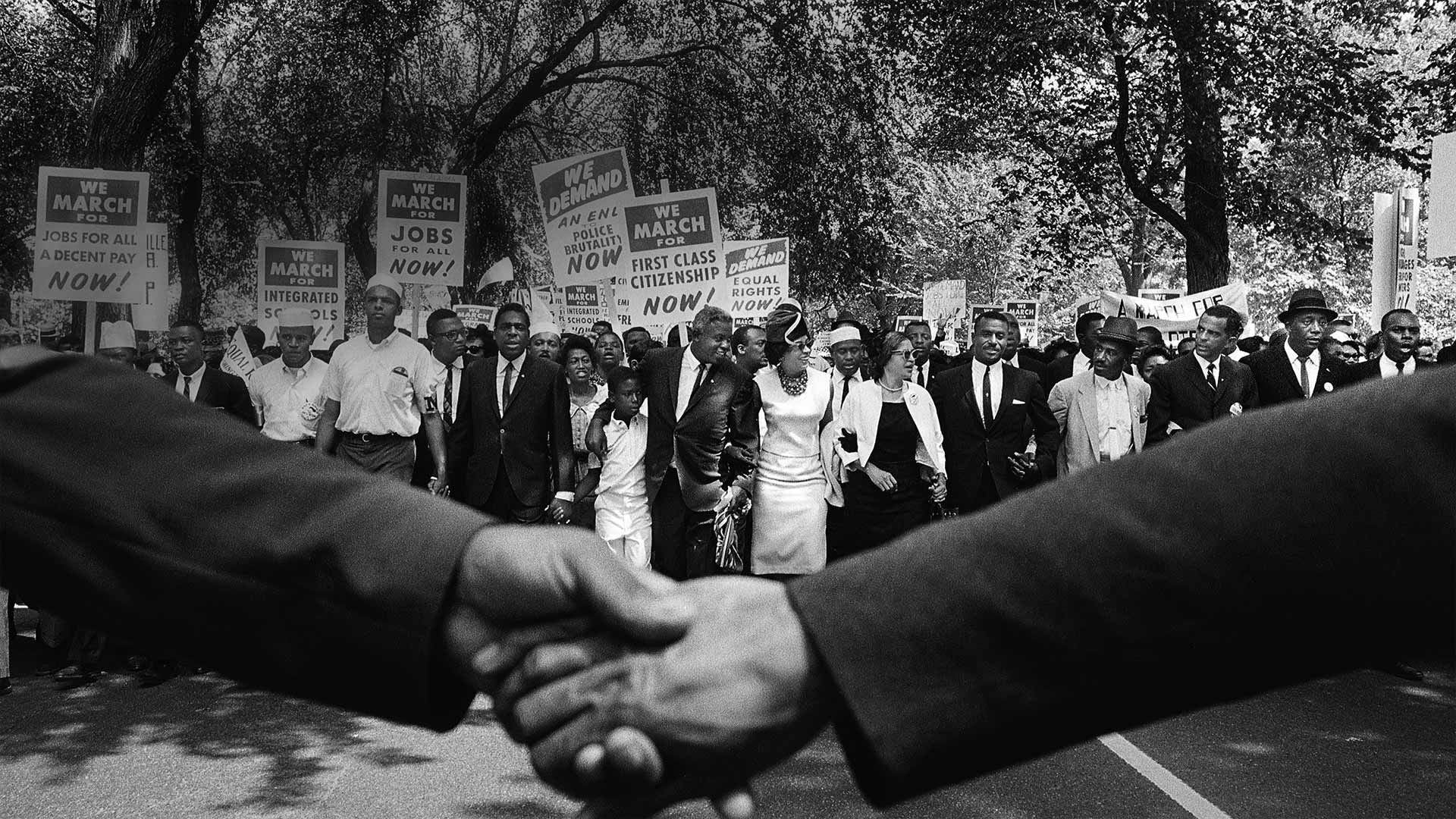 The front line of demonstrators during the March on Washington for Jobs and Freedom on August 28, 1963