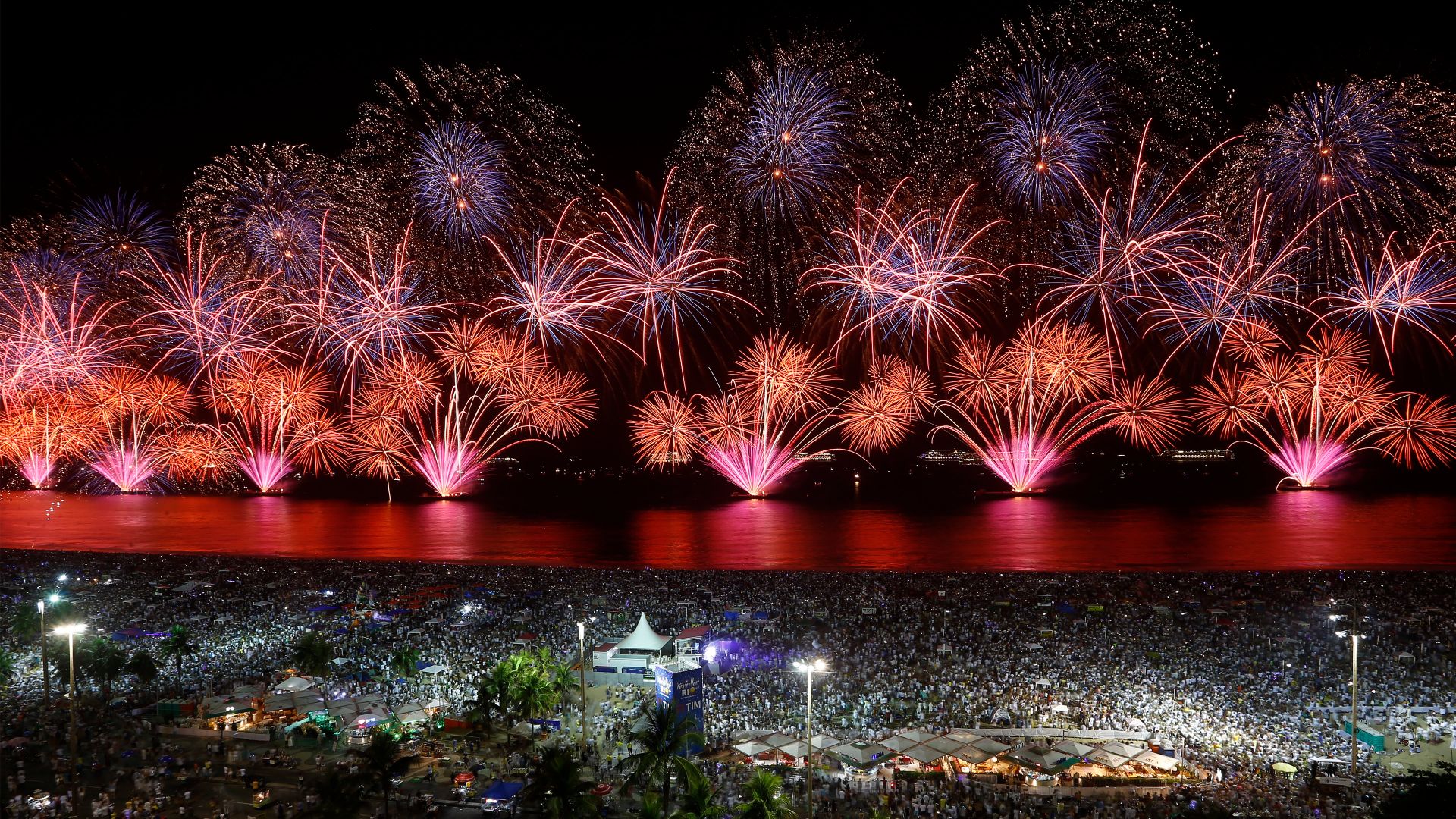 New Year's Eve fireworks over Copacabana Beach, Rio de Janeiro, Brazil