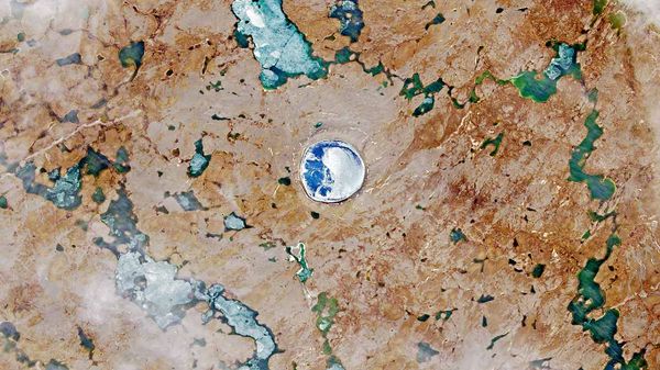 A satellite image of the Pingualuit asteroid impact crater in Quebec