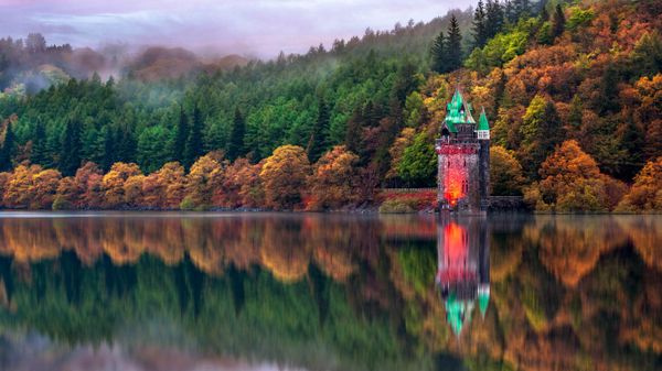 The straining tower at Lake Vyrnwy in Powys, Wales