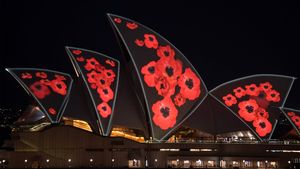 Poppies projected on the Sydney Opera House sails to mark Remembrance Day (© James D. Morgan/Getty Images)(Bing Australia)
