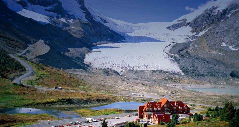 Icefields Parkway Drive and the Athabasca Glacier in the Canadian Rockies, Alberta, Canada