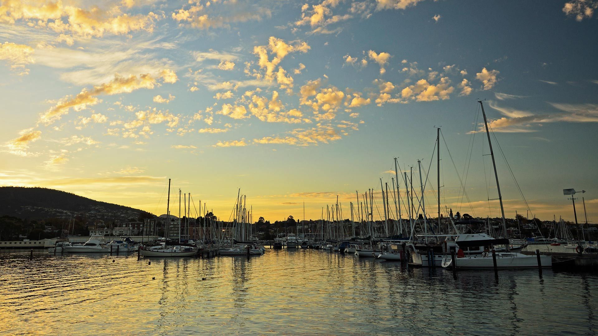 Dusk over a marina in Sandy Bay, Hobart, Tasmania