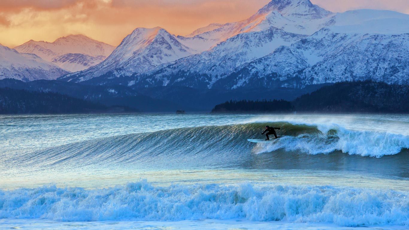 Don 'Iceman' McNamara surfing in Kachemak Bay, Alaska