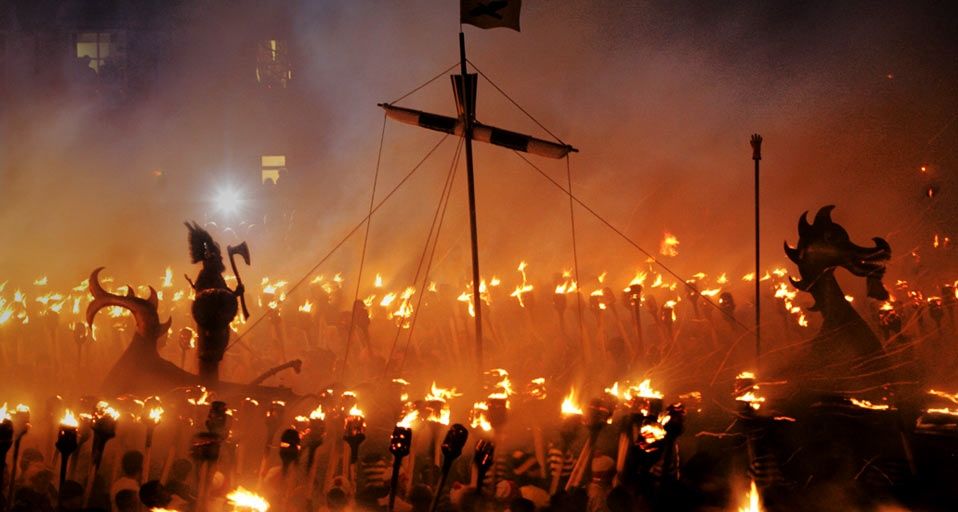 The Guizer Jarl is silhouetted during the annual Up Helly Aa Festival, Lerwick, Scotland