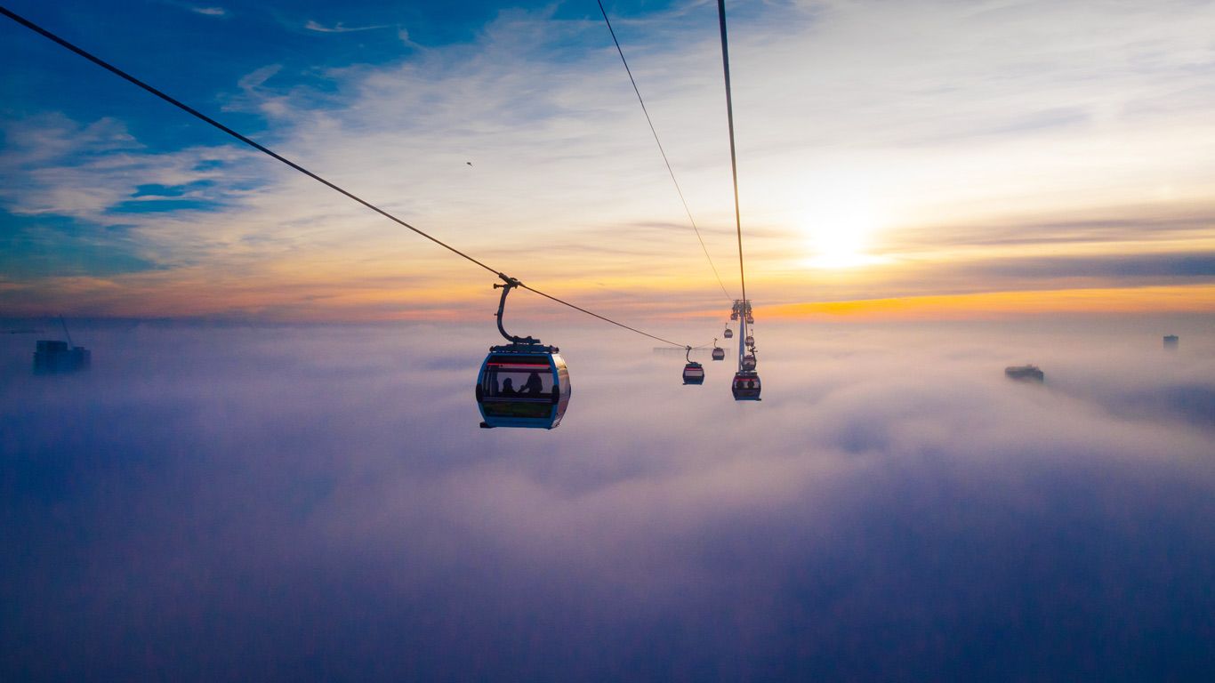 The Emirates Air Line across the River Thames in London at sunset