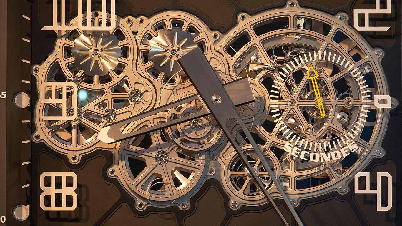 The Swiss 'lucky charm' clock is displayed in the technical occupation school in Porrentury, Switzerland