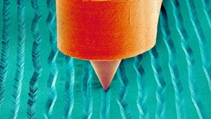 A scanning electron micrograph of a needle on a record (© Susumu Nishinaga/Science Photo Library)(Bing New Zealand)