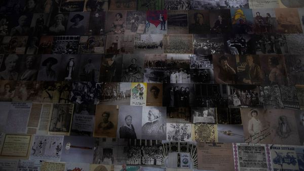 A section of a large mosaic of Ida B. Wells displayed at Union Station in Washington, DC, in August 2020