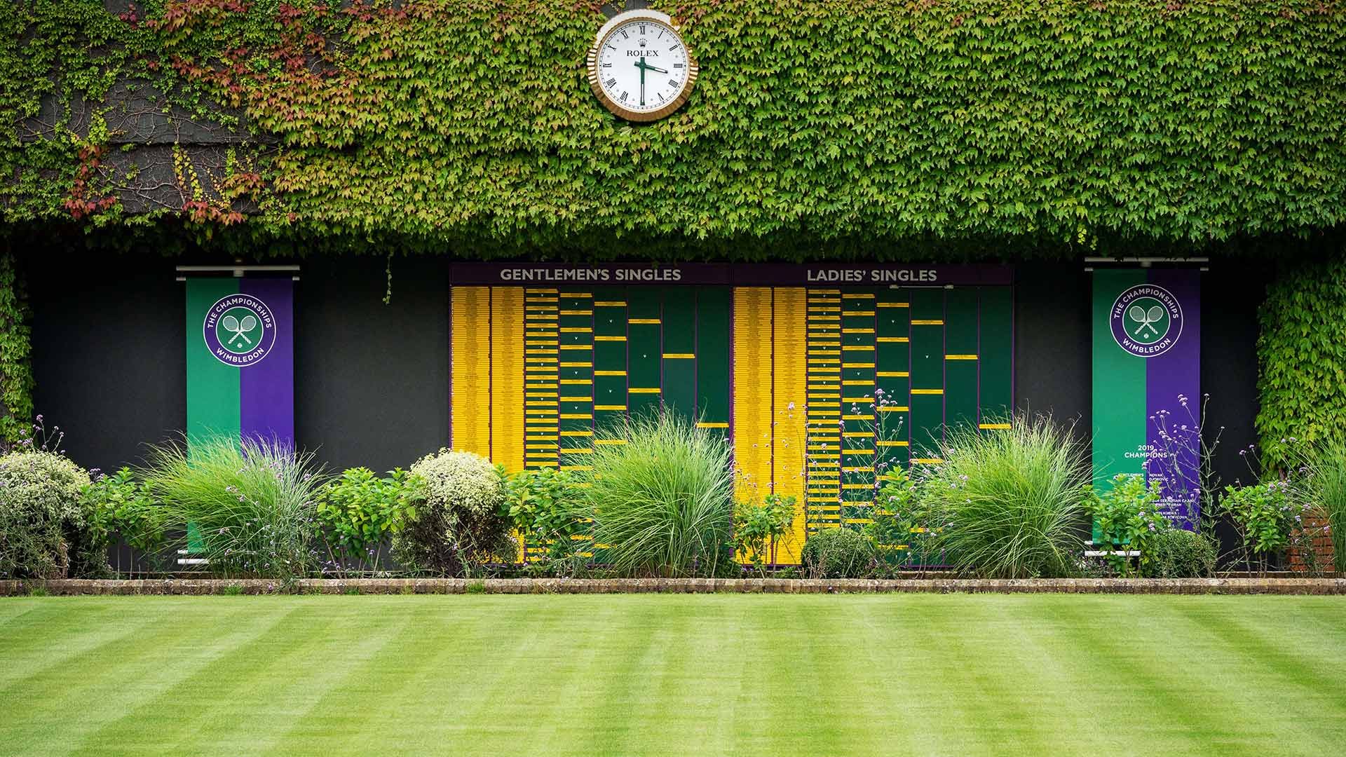 Order of Play boards on Centre Court at the All England Lawn Tennis Club, Wimbledon, London