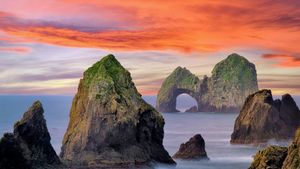 日出时的麦克拱岩，俄勒冈南海岸 (© Dennis Frates/Alamy)(Bing China)