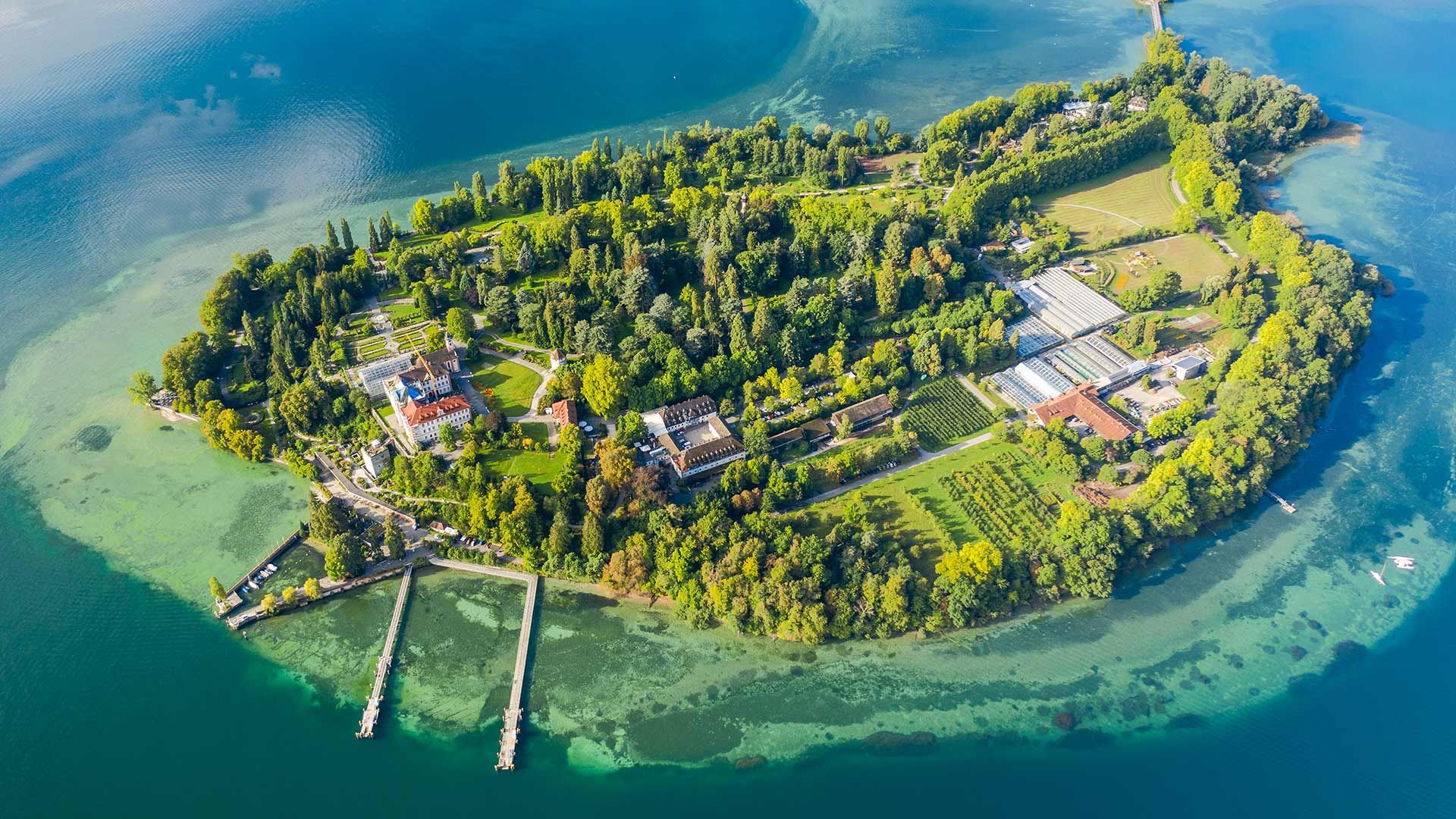 Aerial view of Mainau island on Lake Constance, Germany