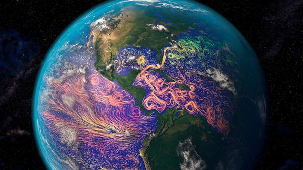 Satellite-based graphic showing ocean currents off the Americas