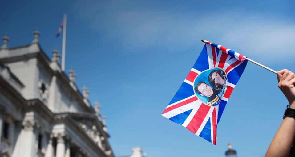 A tourist gets into the spirit for the royal wedding of Prince William and Kate Middleton, London