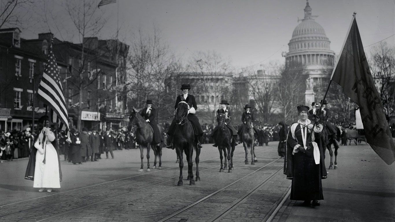 Women suffragists marching down Pennsylvania Avenue on March 3, 1913, Washington, DC