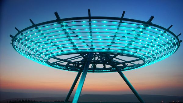 Illuminated sculpture 'Halo' above Haslingden in Lancashire