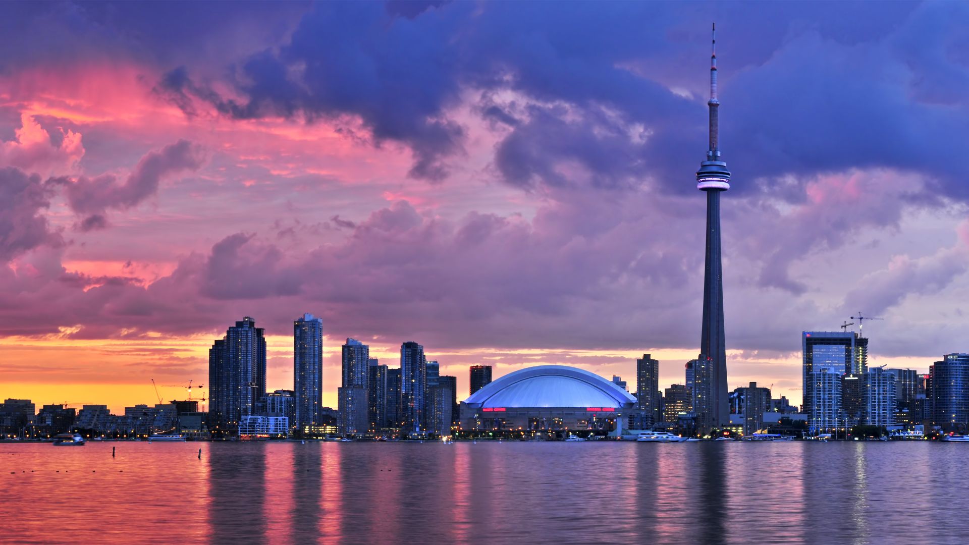 Scenic view at Toronto city waterfront skyline at sunset