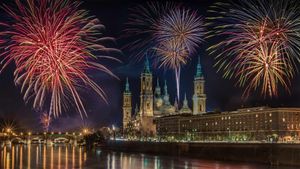 Fireworks during a New Year\'s Eve celebration in Zaragoza, Spain (© Martina Badini/Shutterstock)(Bing New Zealand)