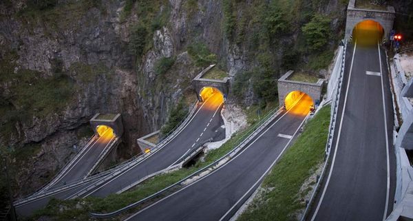 Hairpin bends in the tunnels climbing toward San Boldo pass, Treviso district, Veneto, Italy