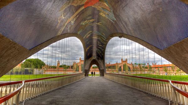 Puente de Matadero with mural by artist Daniel Canogar in Madrid, Spain