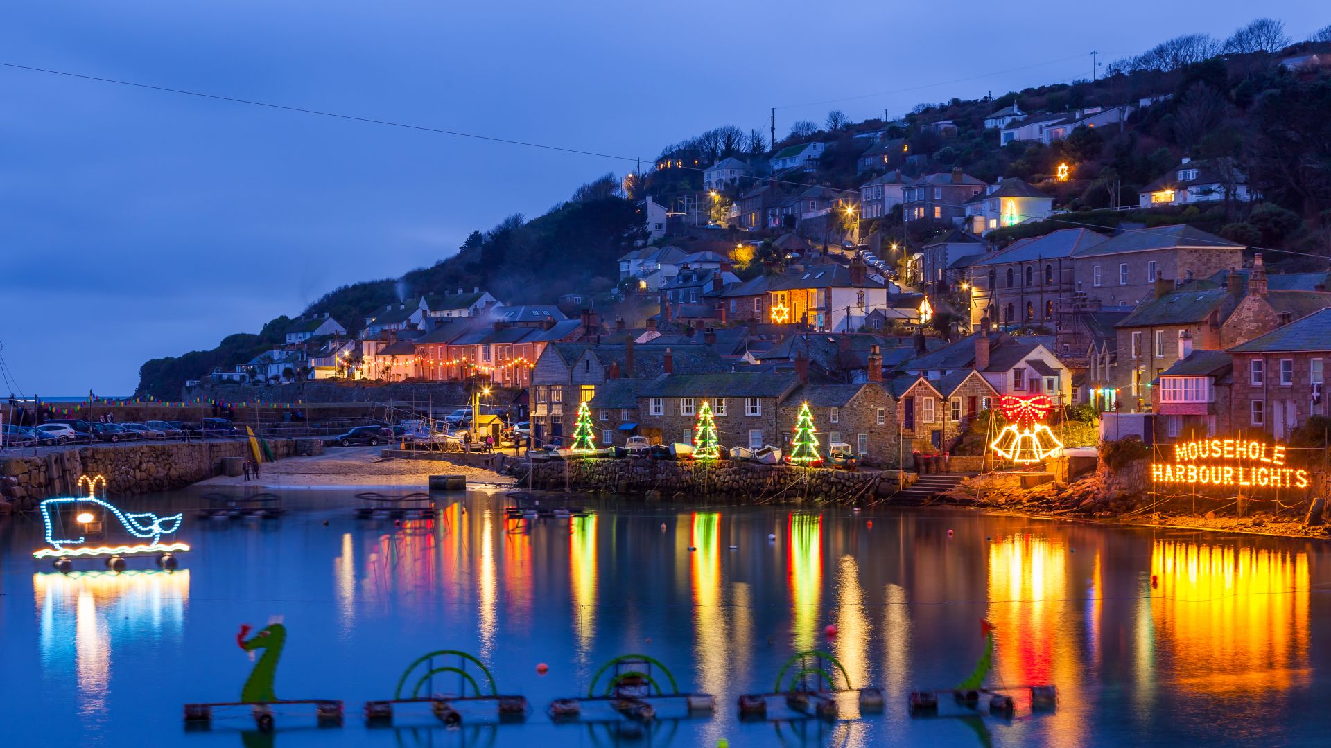 Christmas lights at Mousehole harbour, Cornwall, England