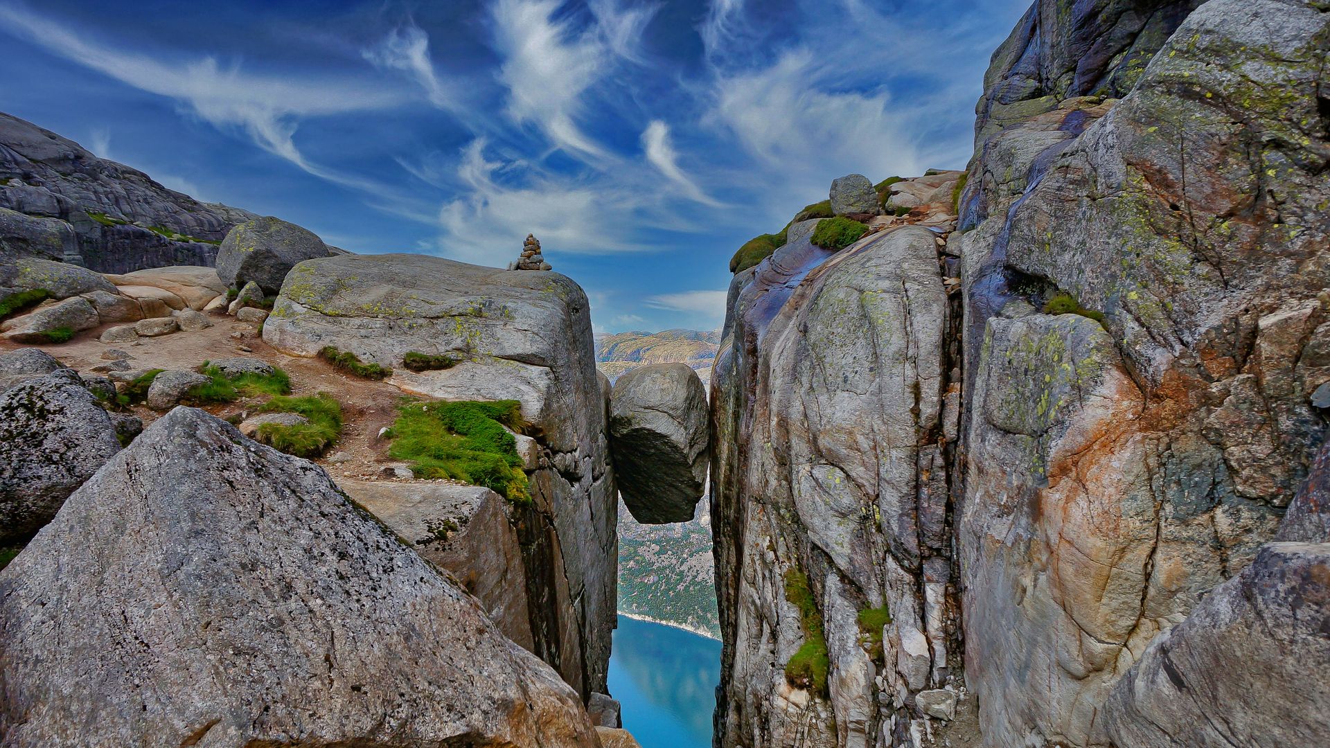 The Kjeragbolten boulder on the mountain Kjerag in Rogaland county, Norway
