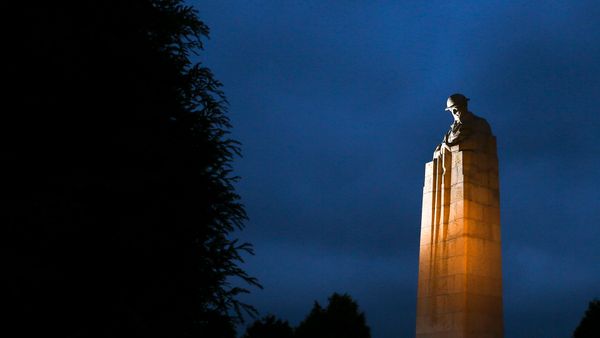 The Canadian \'Brooding Soldier\' memorial commemorating the second battle of Ypres, St. Julien, Belgium