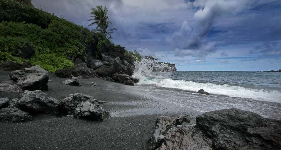 Black sand beach at Wai'anapanapa State Park on the Hana Highway in Maui, Hawaii