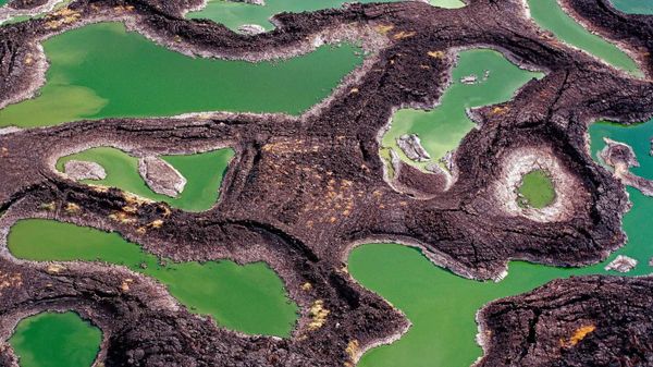 Lava rock pools at the southern end of Lake Turkana, in Kenya