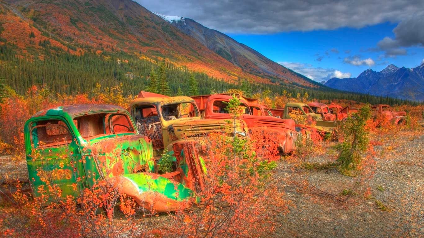 Abandoned army trucks on the North Canol Road, Yukon, Canada