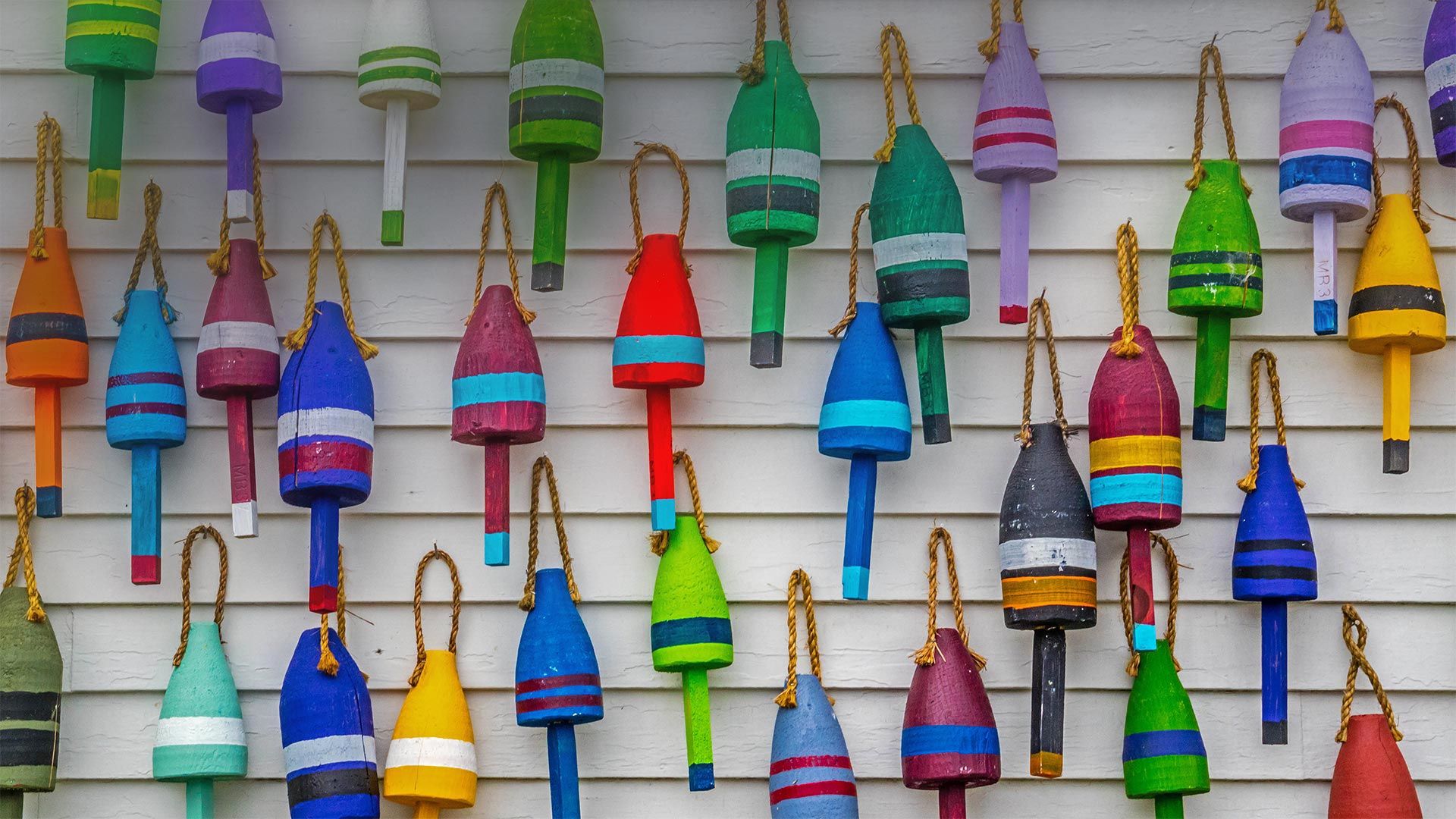 Multicolored lobster buoys, Acadia National Park, Maine