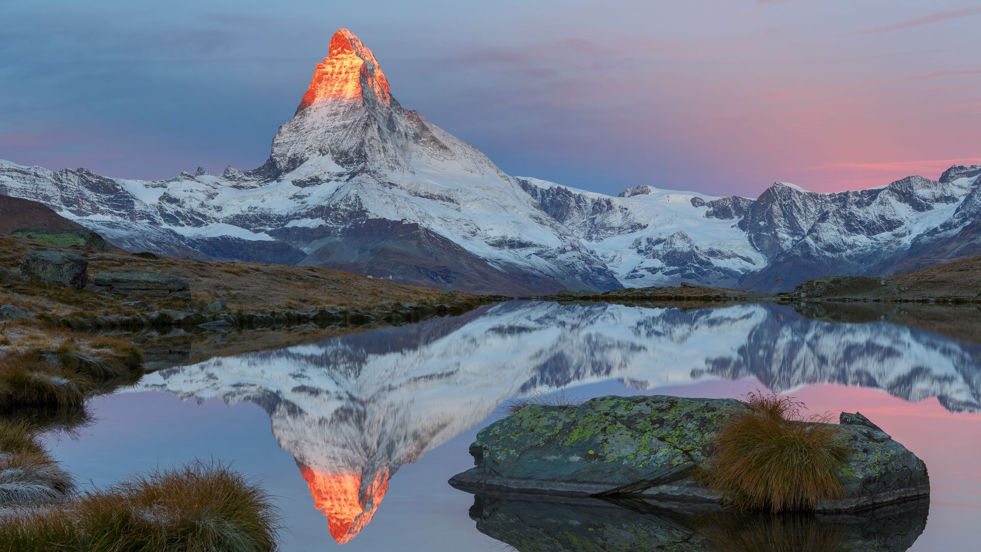 The Matterhorn reflected in Lake Stellisee, Zermatt, Switzerland
