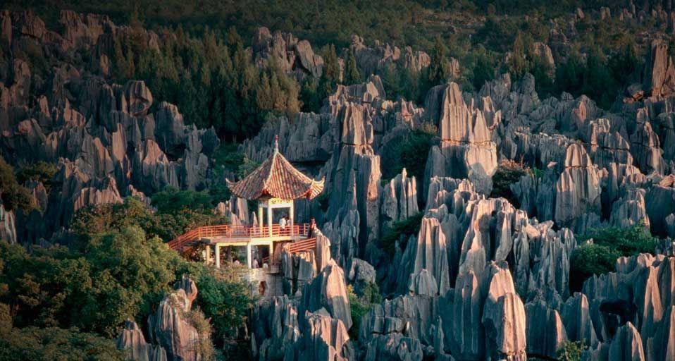 Observation deck overlooking the limestone karst of the Stone Forest in Kunming, China
