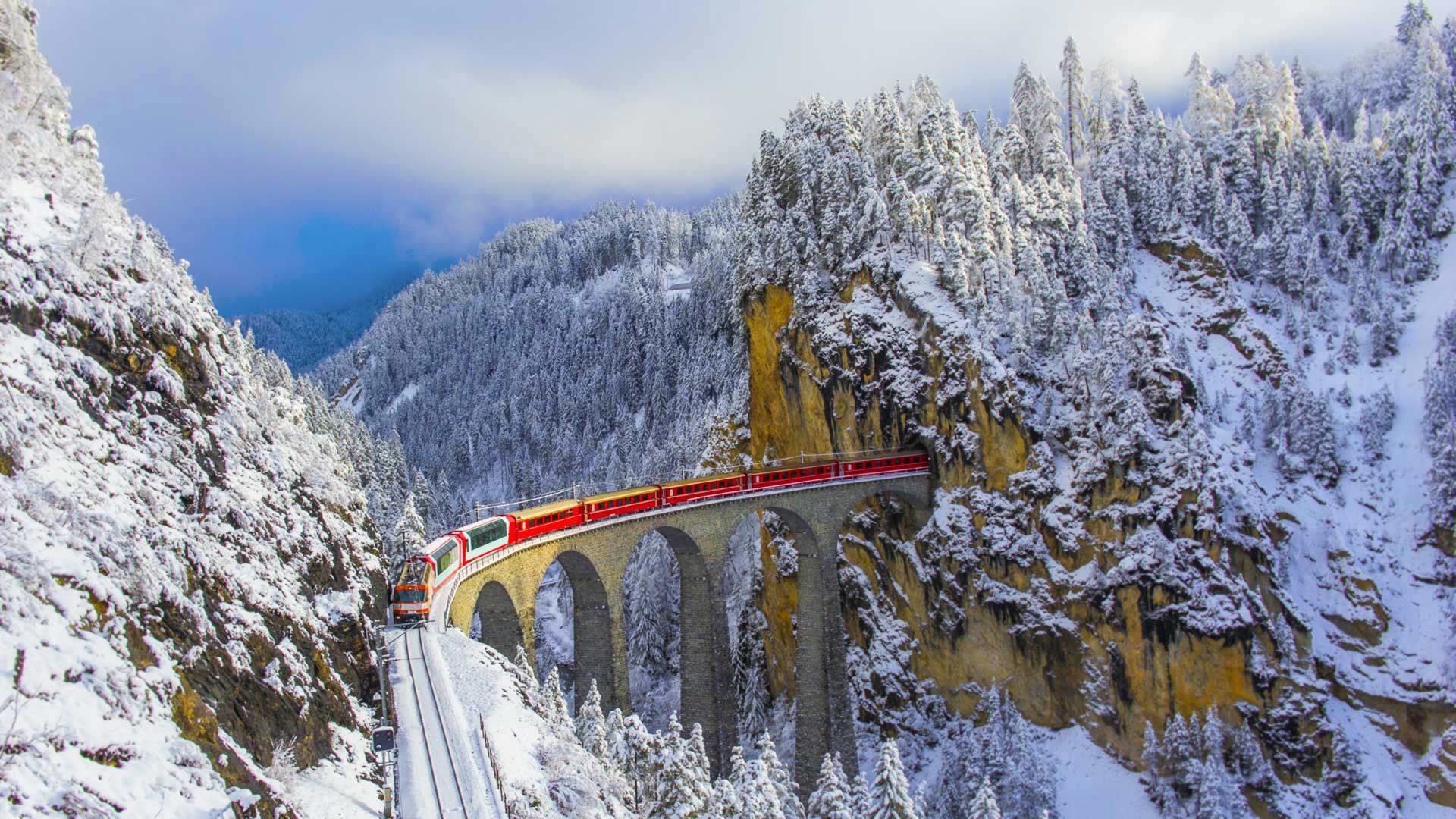 Bernina Express on the Landwasser Viaduct, Graubünden, Switzerland