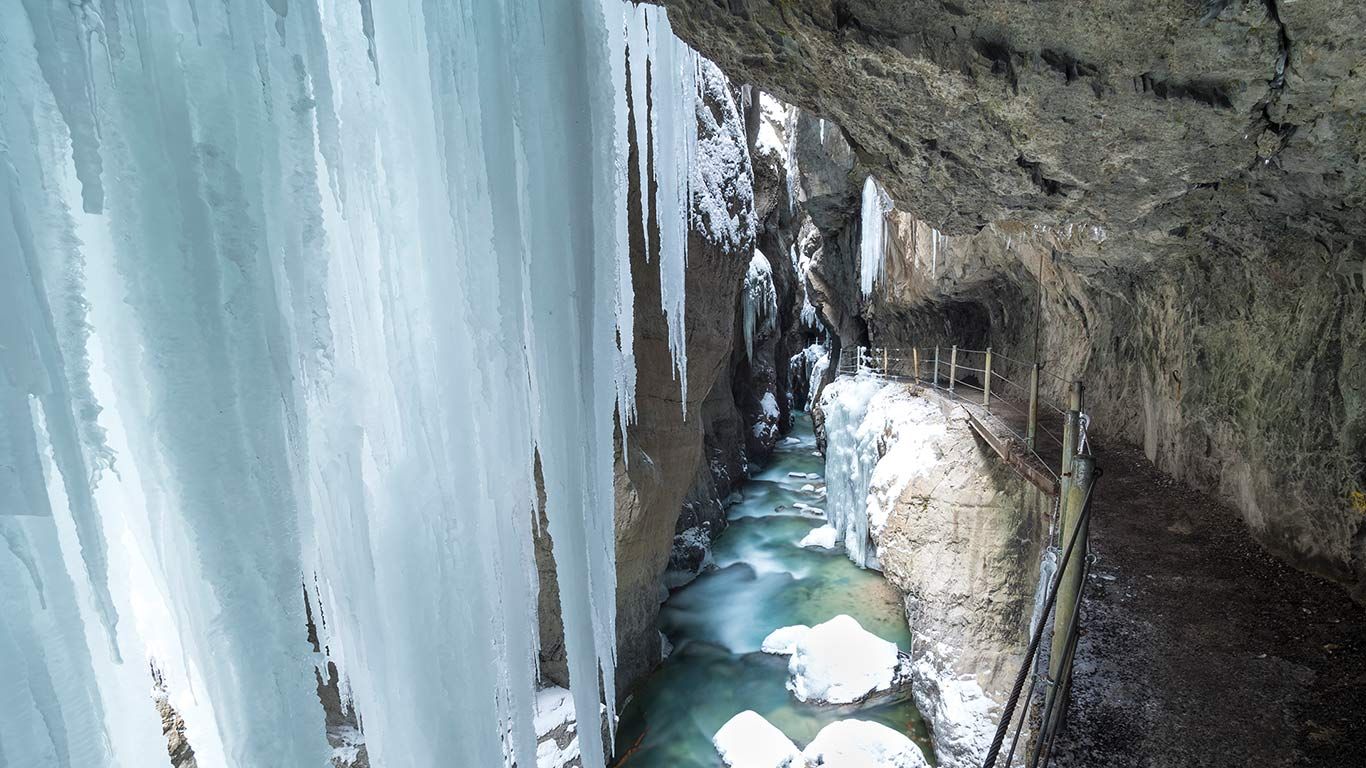 View of icicles in Partnachklamm Gorge, Garmisch-Partenkirchen, Bavaria, Germany