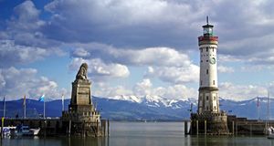 Lindau Harbor, with lighthouse and lion statue, on Lake Constance, Bavaria, Germany -- Charles Mahaux/Photolibrary &copy; (Bing New Zealand)