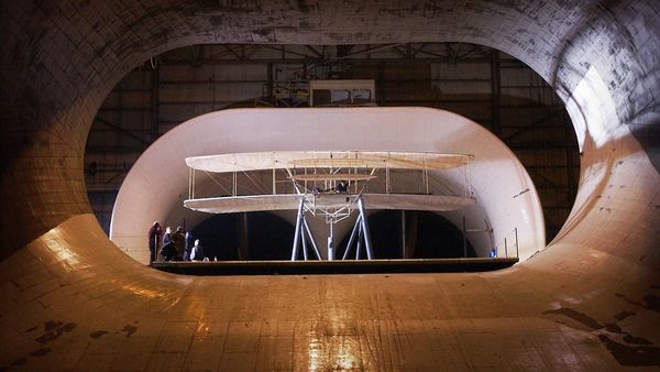 Replica of the Wright Flyer undergoing aerodynamic tests at NASA\'s Langley Research Center, Virginia
