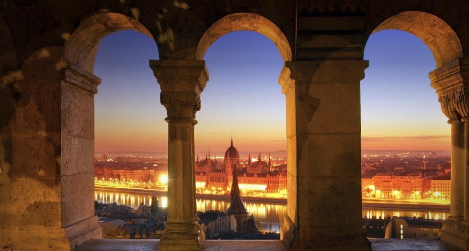 Parliament by night along the Fisherman's Bastion in Budapest, Hungary