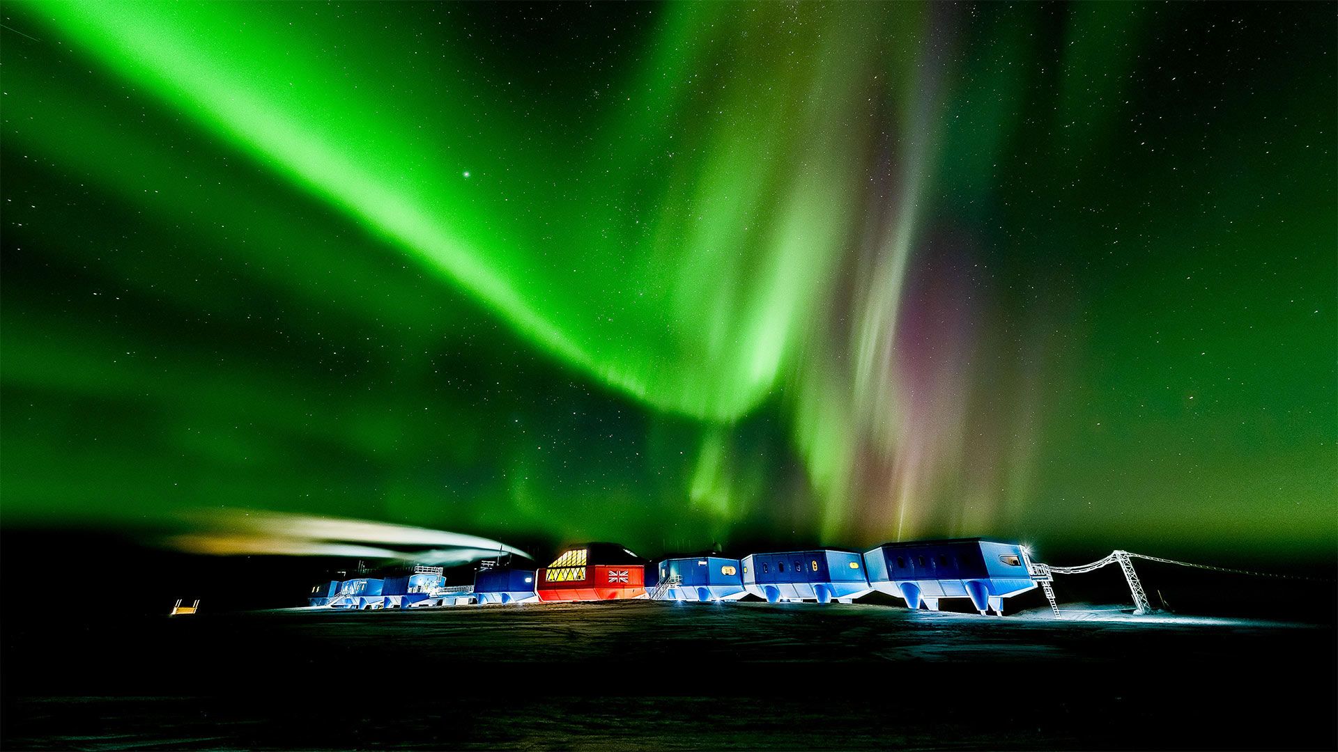 Aurora australis over the Halley VI Research Station in Antarctica