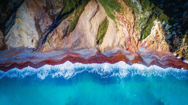 An aerial view of Alum Bay on the Isle of Wight, England