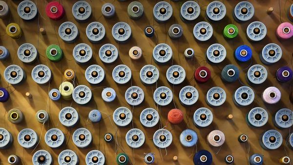 Reels of cotton at Angels Costumes warehouse in Hendon, north London
