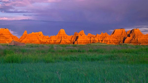 Prairie and pinnacles near Castle Trail in Badlands National Park, South Dakota