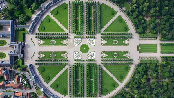 Aerial view of Schwetzingen Castle’s garden, Schwetzingen, Baden-Wurttemberg, Germany