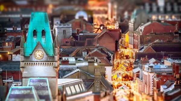 Night-time view of market stalls in Winchester, Hampshire