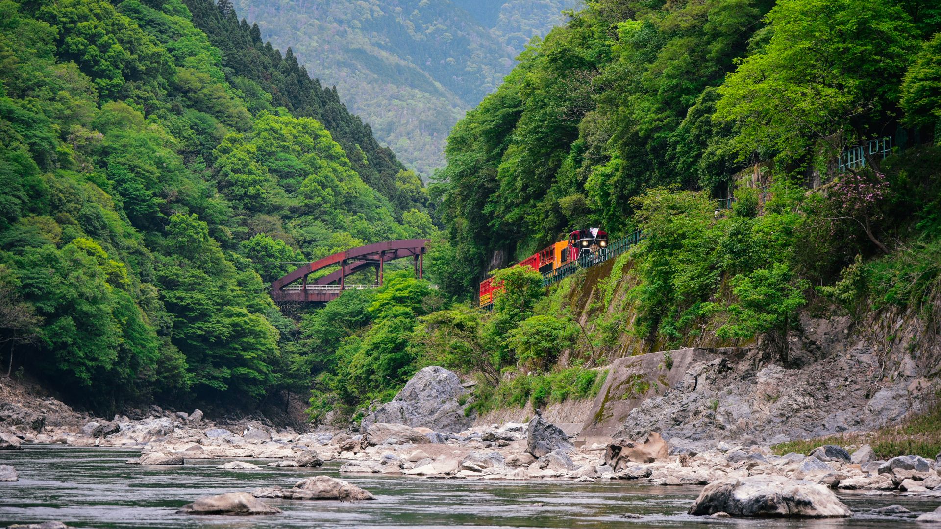 Un treno che corre lungo il fiume Hozugawa ad Arashiyama, Kyoto, Giappone